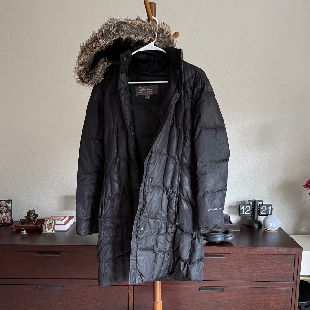 Eddie Bauer Black Puffer Coat with Faux Fur Hood